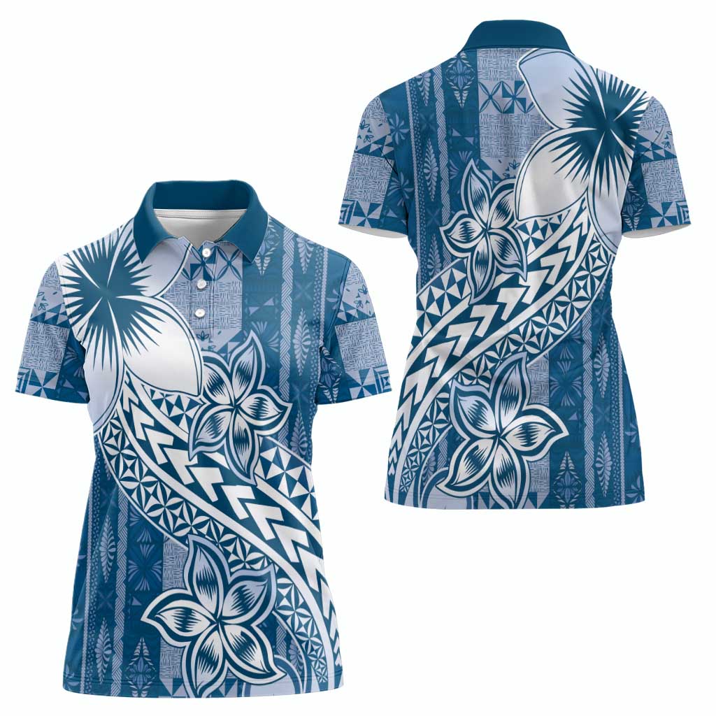 Tonga Kupesi Ngatu Women Polo Shirt Vintage Blue Plumeria
