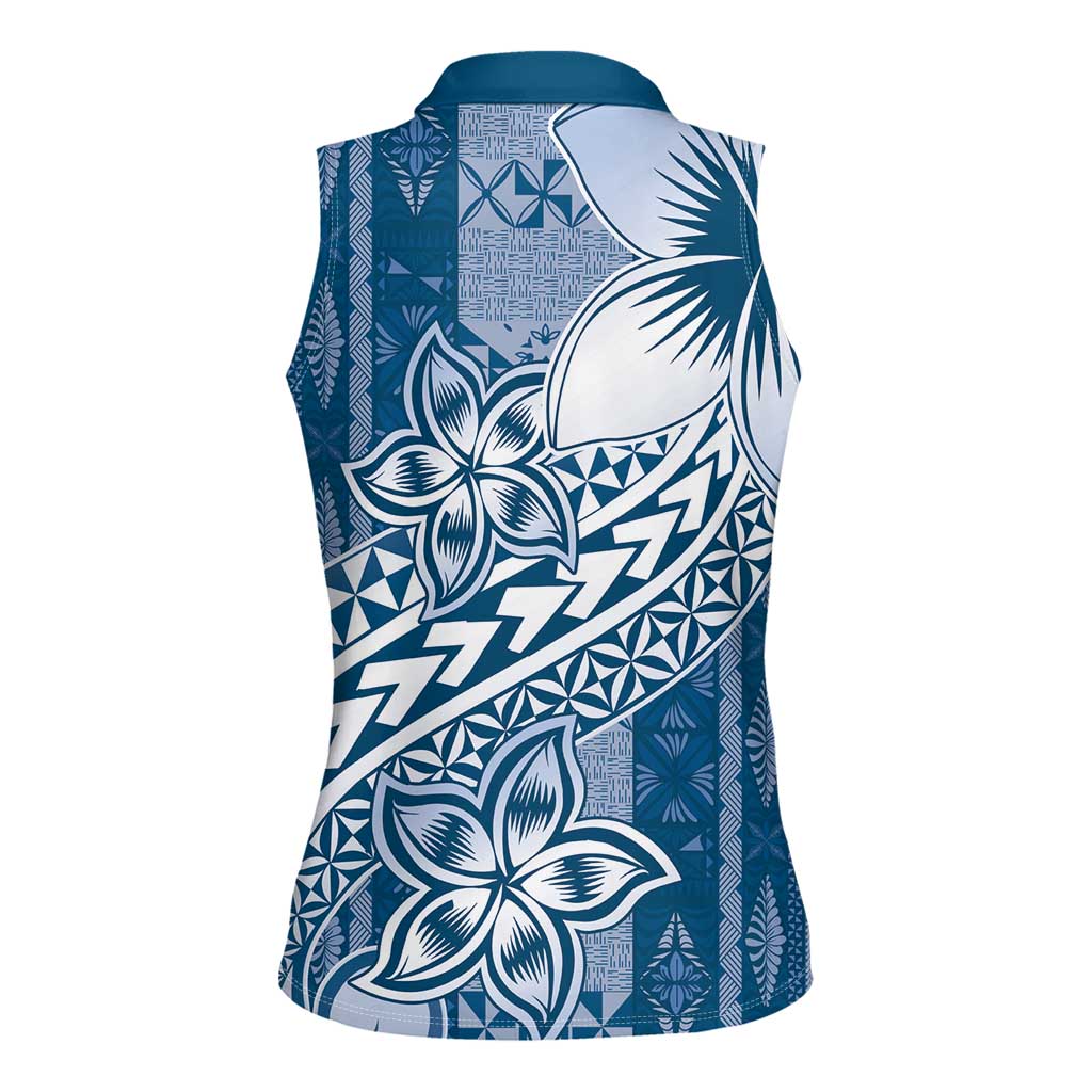 Tonga Kupesi Ngatu Women Sleeveless Polo Shirt Vintage Blue Plumeria