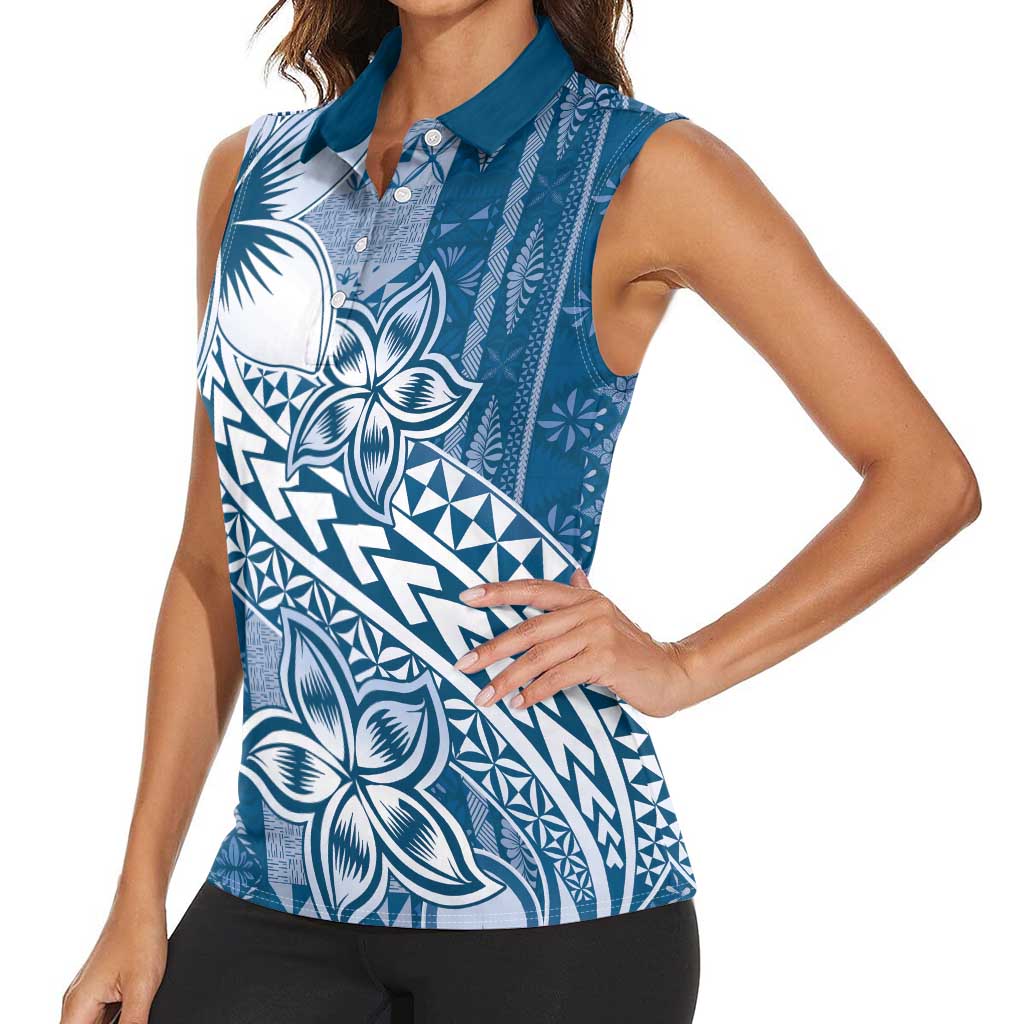 Tonga Kupesi Ngatu Women Sleeveless Polo Shirt Vintage Blue Plumeria