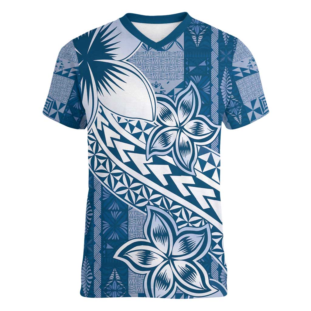 Tonga Kupesi Ngatu Women V-Neck T-Shirt Vintage Blue Plumeria