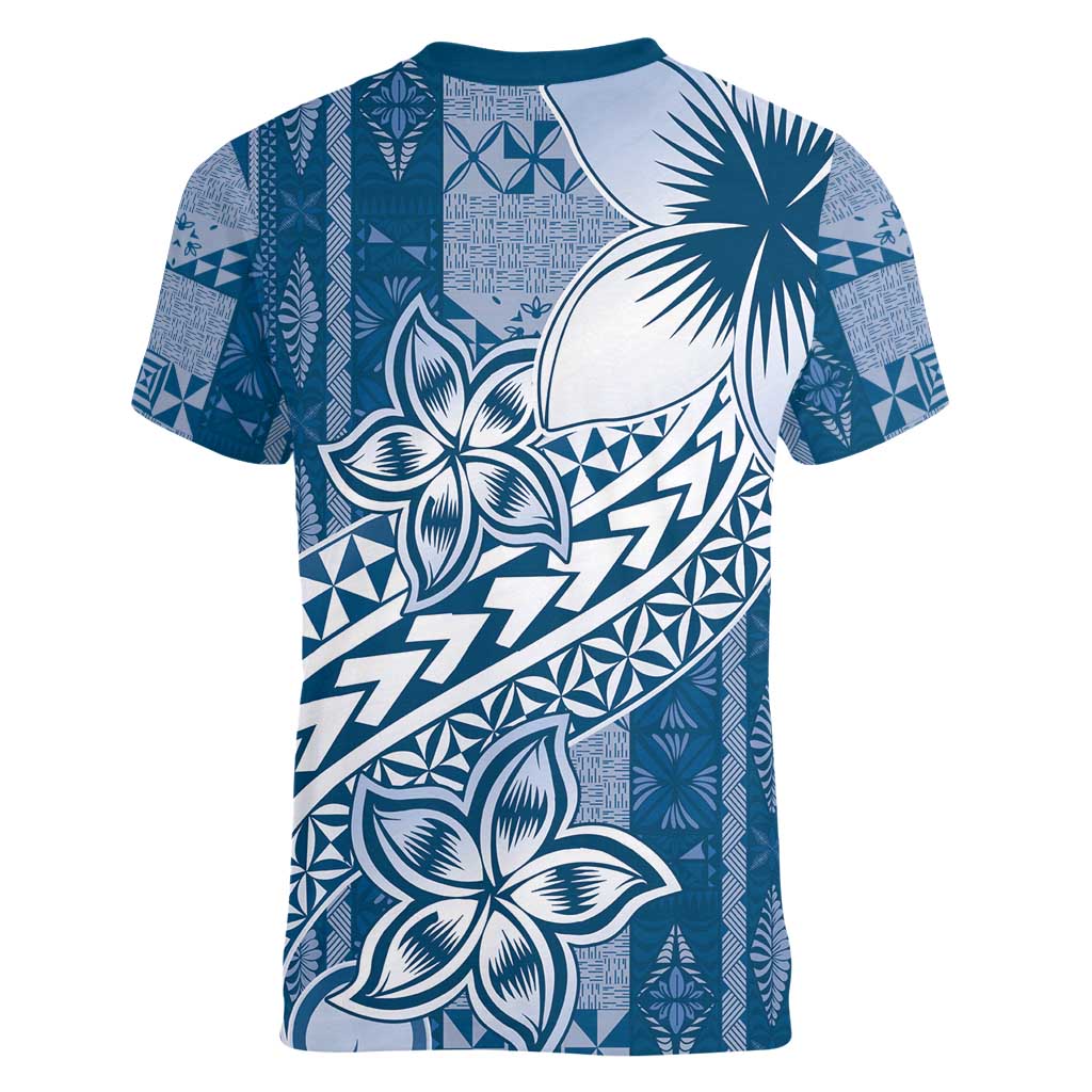 Tonga Kupesi Ngatu Women V-Neck T-Shirt Vintage Blue Plumeria