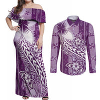 Tonga Kupesi Ngatu Couples Matching Off Shoulder Maxi Dress and Long Sleeve Button Shirt Vintage Purple Plumeria