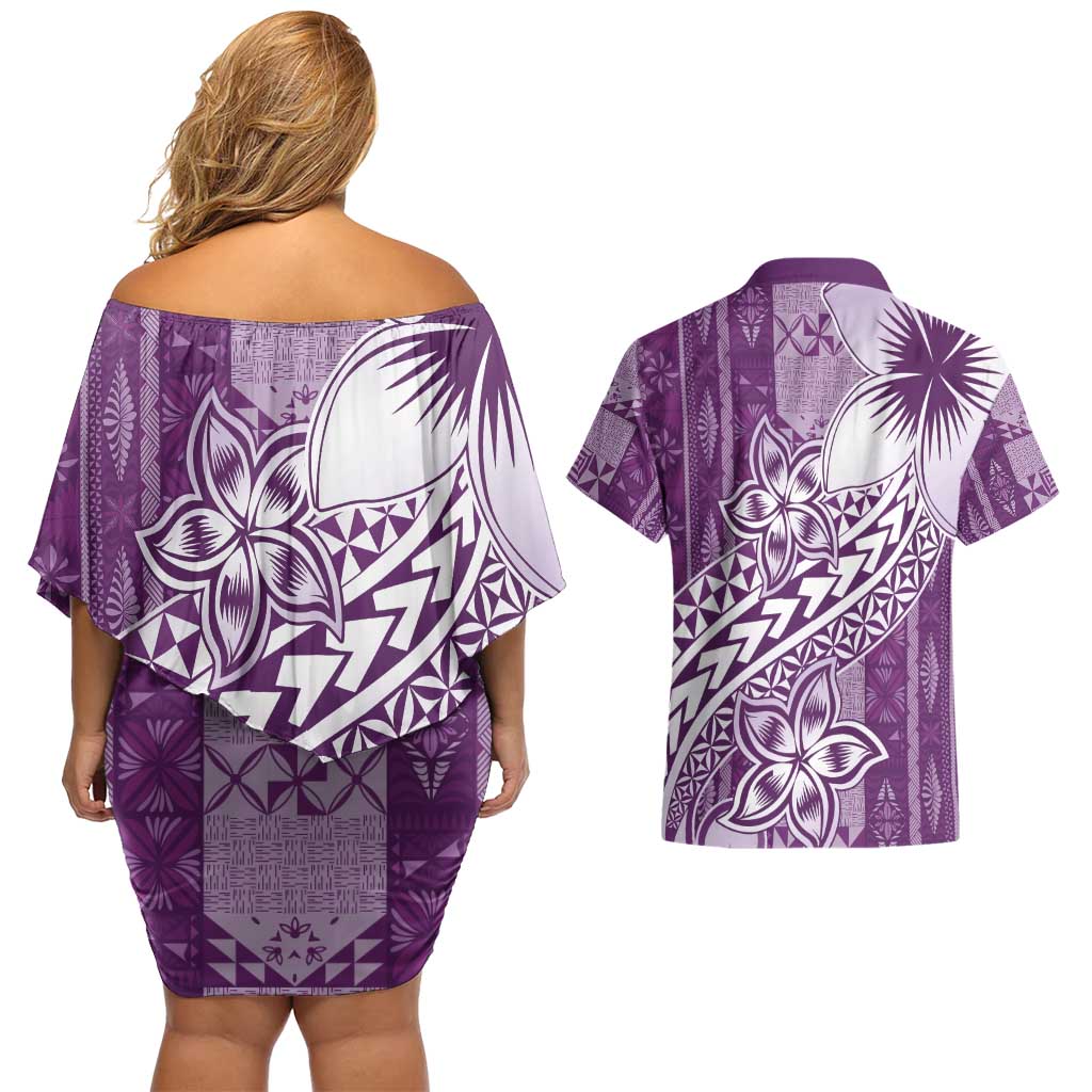 Tonga Kupesi Ngatu Couples Matching Off Shoulder Short Dress and Hawaiian Shirt Vintage Purple Plumeria