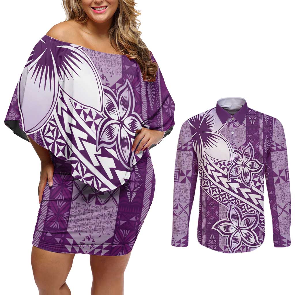 Tonga Kupesi Ngatu Couples Matching Off Shoulder Short Dress and Long Sleeve Button Shirt Vintage Purple Plumeria