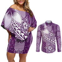 Tonga Kupesi Ngatu Couples Matching Off Shoulder Short Dress and Long Sleeve Button Shirt Vintage Purple Plumeria
