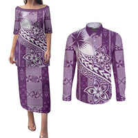 Tonga Kupesi Ngatu Couples Matching Puletasi and Long Sleeve Button Shirt Vintage Purple Plumeria LT05 Purple - Polynesian Pride