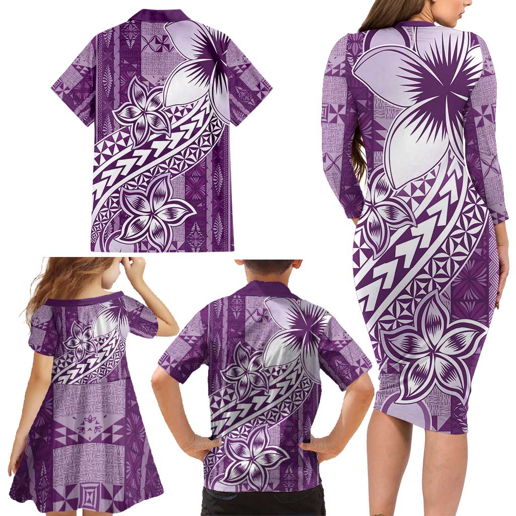 Tonga Kupesi Ngatu Family Matching Long Sleeve Bodycon Dress and Hawaiian Shirt Vintage Purple Plumeria