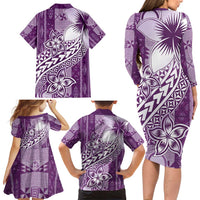Tonga Kupesi Ngatu Family Matching Long Sleeve Bodycon Dress and Hawaiian Shirt Vintage Purple Plumeria