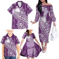 Tonga Kupesi Ngatu Family Matching Off The Shoulder Long Sleeve Dress and Hawaiian Shirt Vintage Purple Plumeria