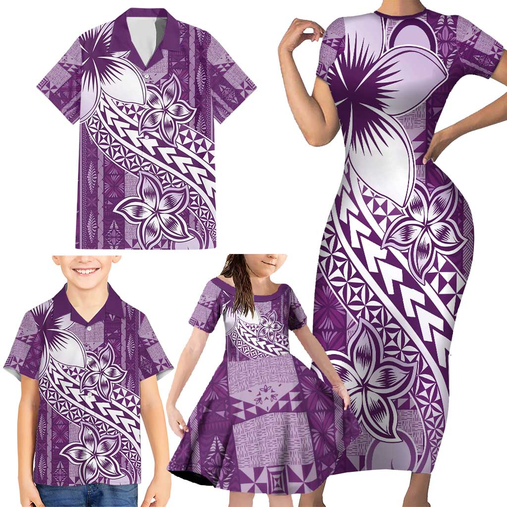 Tonga Kupesi Ngatu Family Matching Short Sleeve Bodycon Dress and Hawaiian Shirt Vintage Purple Plumeria