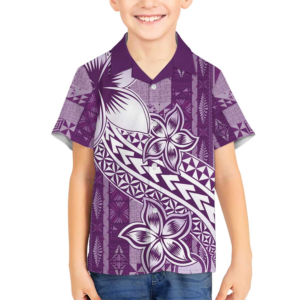 Tonga Kupesi Ngatu Family Matching Short Sleeve Bodycon Dress and Hawaiian Shirt Vintage Purple Plumeria