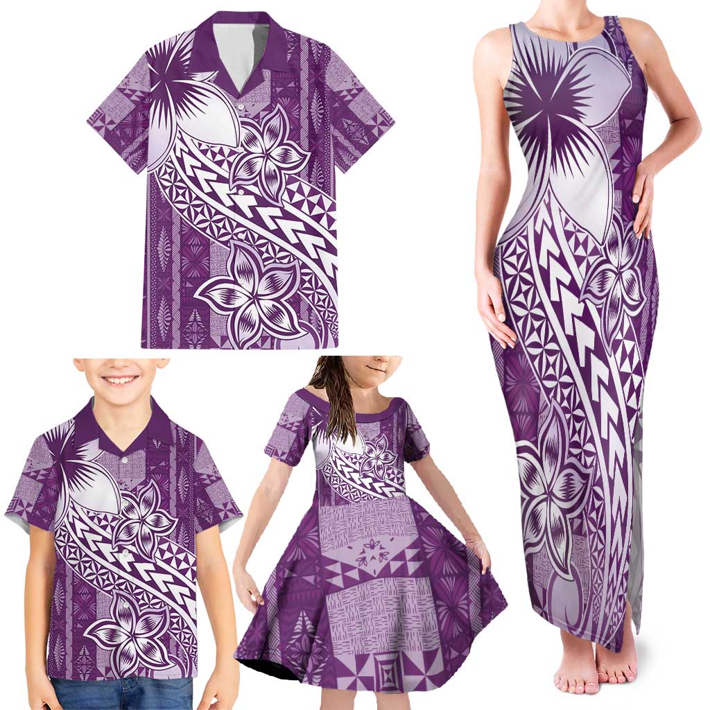 Tonga Kupesi Ngatu Family Matching Tank Maxi Dress and Hawaiian Shirt Vintage Purple Plumeria