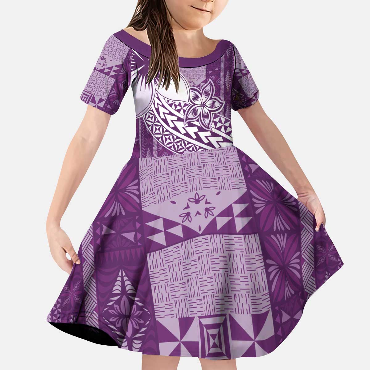 Tonga Kupesi Ngatu Kid Short Sleeve Dress Vintage Purple Plumeria LT05 KID Purple - Polynesian Pride