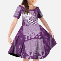 Tonga Kupesi Ngatu Kid Short Sleeve Dress Vintage Purple Plumeria LT05 KID Purple - Polynesian Pride