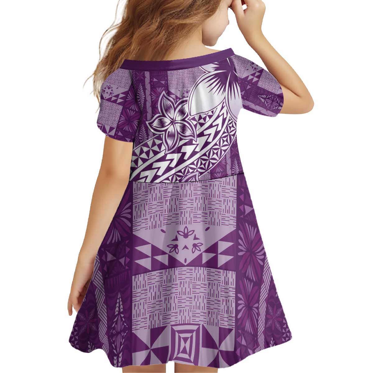 Tonga Kupesi Ngatu Kid Short Sleeve Dress Vintage Purple Plumeria LT05 - Polynesian Pride