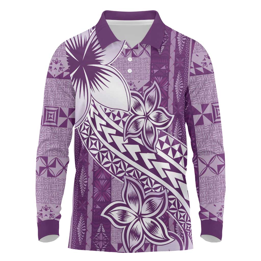 Tonga Kupesi Ngatu Long Sleeve Polo Shirt Vintage Purple Plumeria