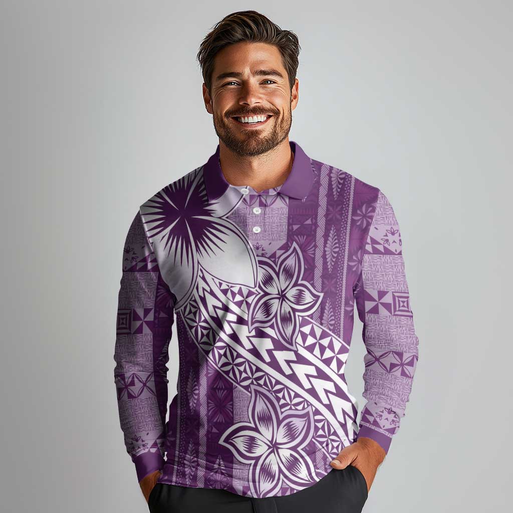 Tonga Kupesi Ngatu Long Sleeve Polo Shirt Vintage Purple Plumeria