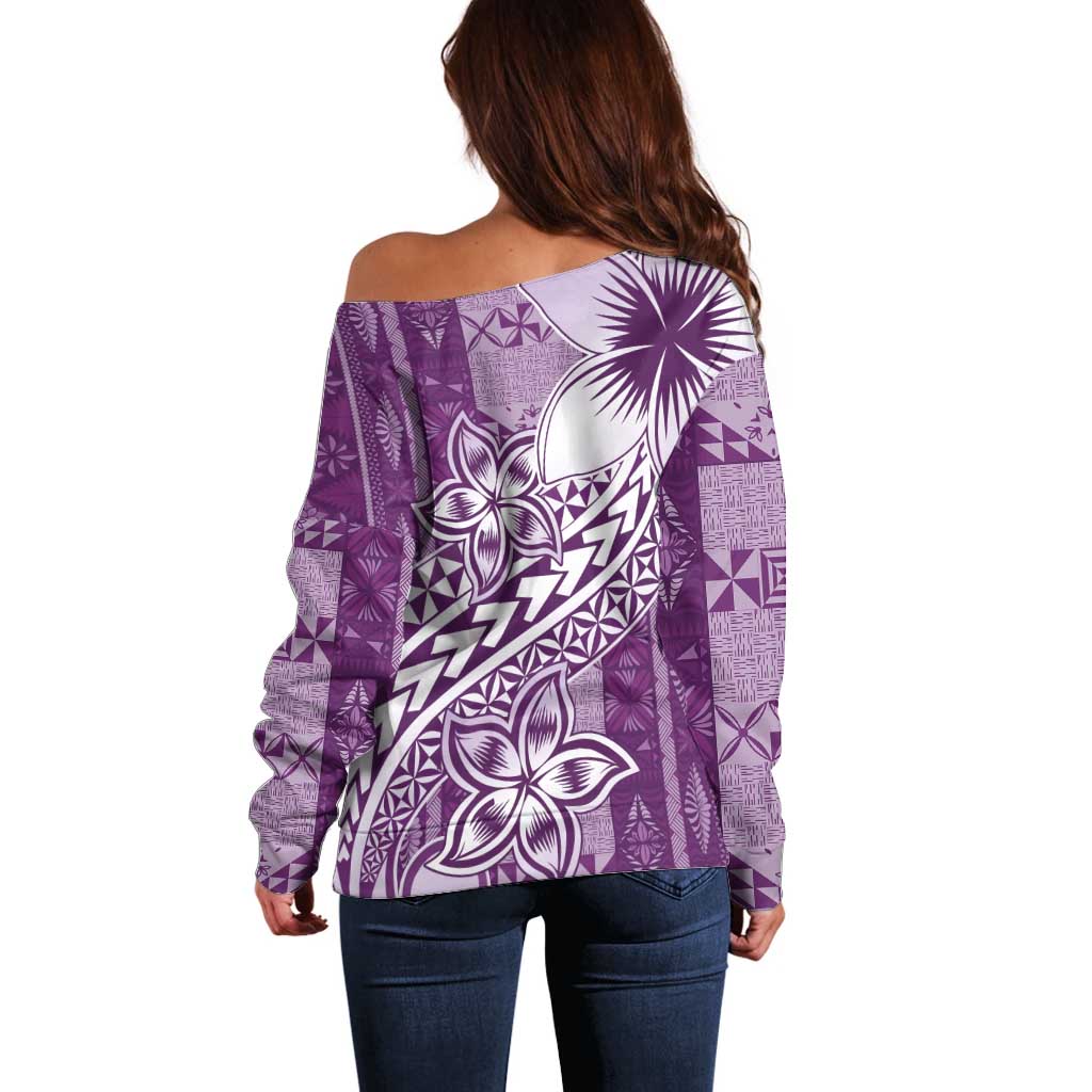 Tonga Kupesi Ngatu Off Shoulder Sweater Vintage Purple Plumeria