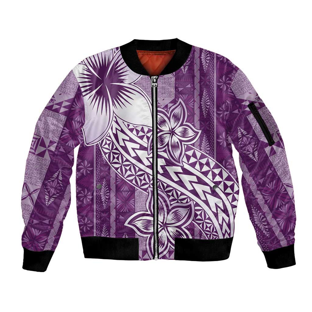 Tonga Kupesi Ngatu Sleeve Zip Bomber Jacket Vintage Purple Plumeria