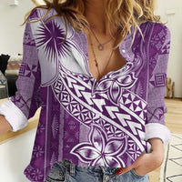 Tonga Kupesi Ngatu Women Casual Shirt Vintage Purple Plumeria