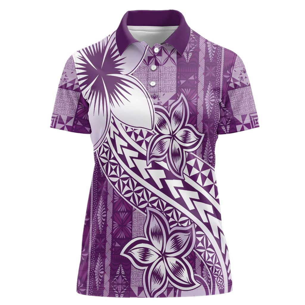 Tonga Kupesi Ngatu Women Polo Shirt Vintage Purple Plumeria