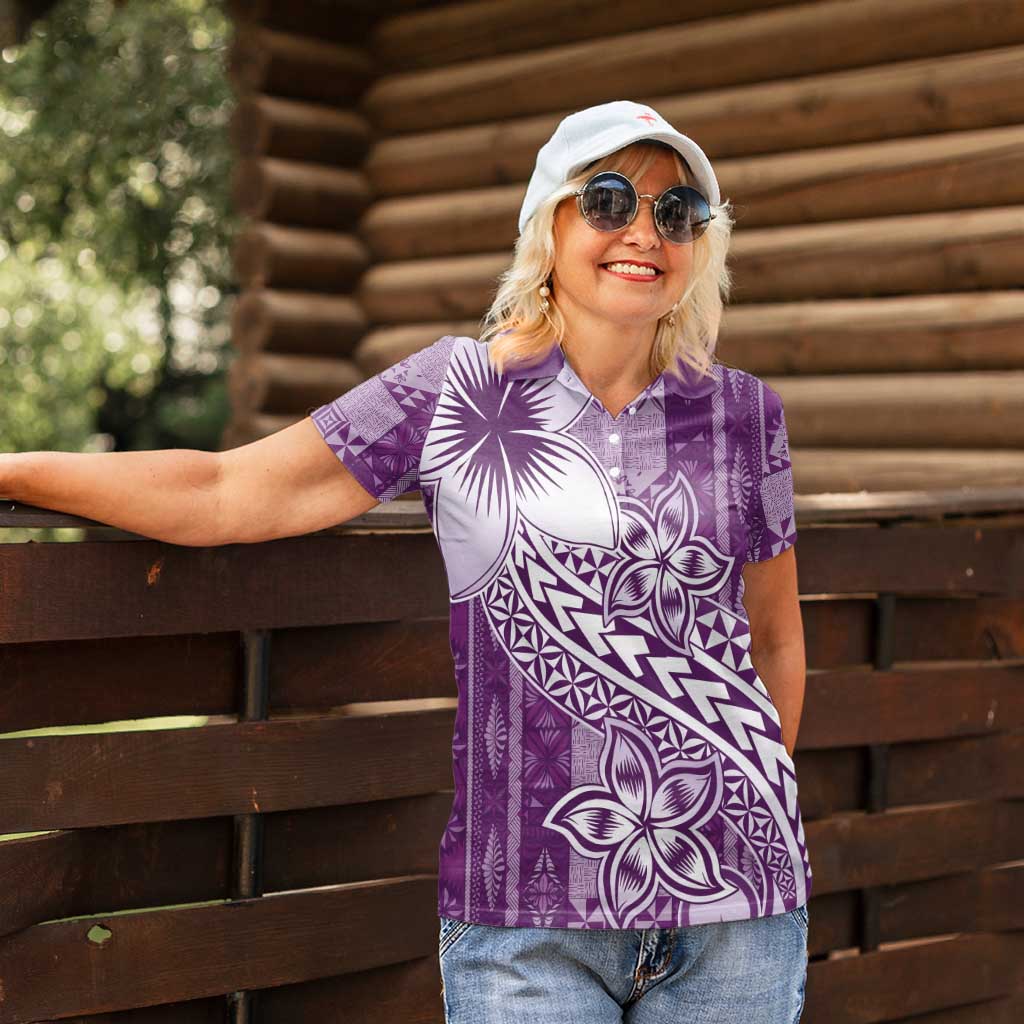 Tonga Kupesi Ngatu Women Polo Shirt Vintage Purple Plumeria