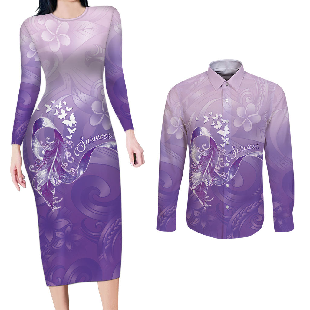 Lupus Awareness Month Couples Matching Long Sleeve Bodycon Dress and Long Sleeve Button Shirt Polynesian Style LT05 Lilac - Polynesian Pride
