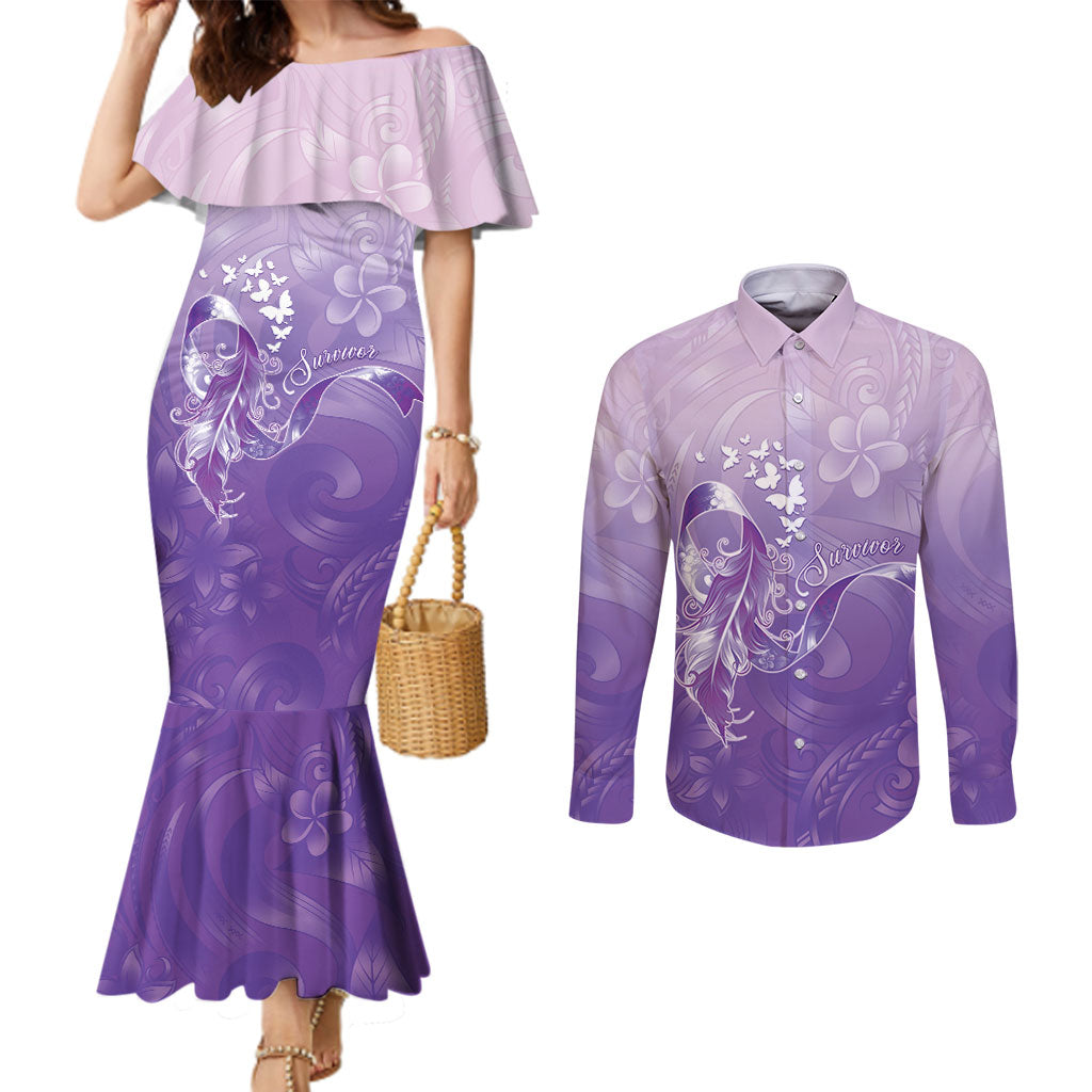 Lupus Awareness Month Couples Matching Mermaid Dress and Long Sleeve Button Shirt Polynesian Style LT05 Lilac - Polynesian Pride