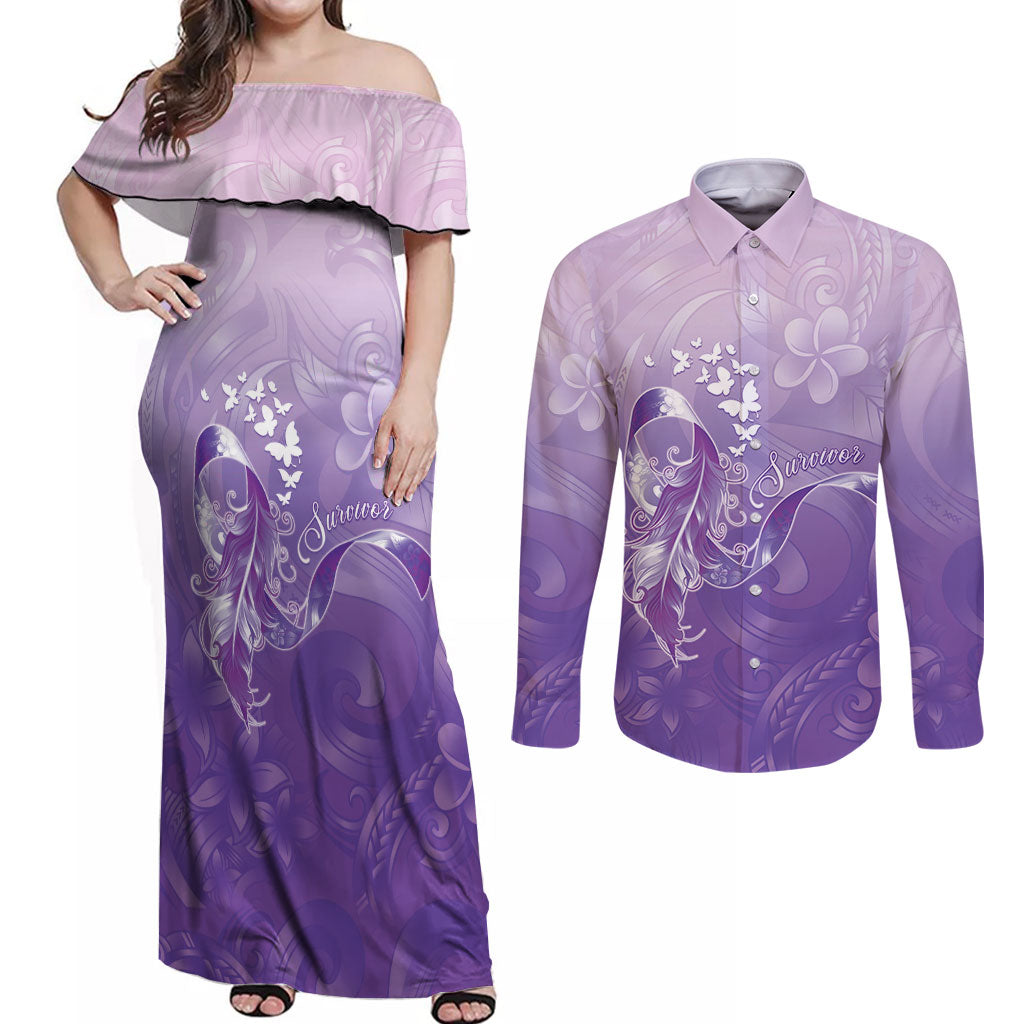 Lupus Awareness Month Couples Matching Off Shoulder Maxi Dress and Long Sleeve Button Shirt Polynesian Style LT05 Lilac - Polynesian Pride