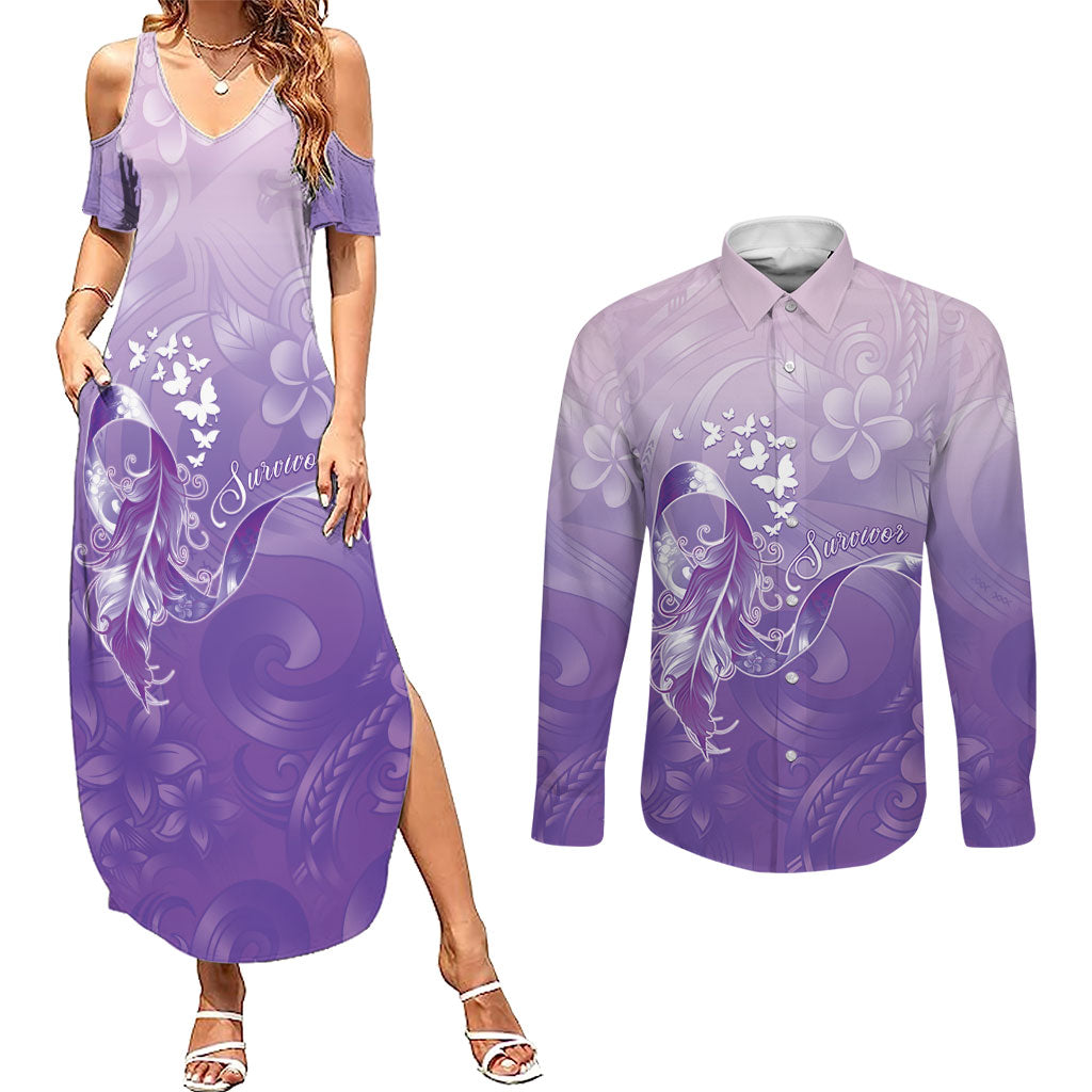 Lupus Awareness Month Couples Matching Summer Maxi Dress and Long Sleeve Button Shirt Polynesian Style LT05 Lilac - Polynesian Pride