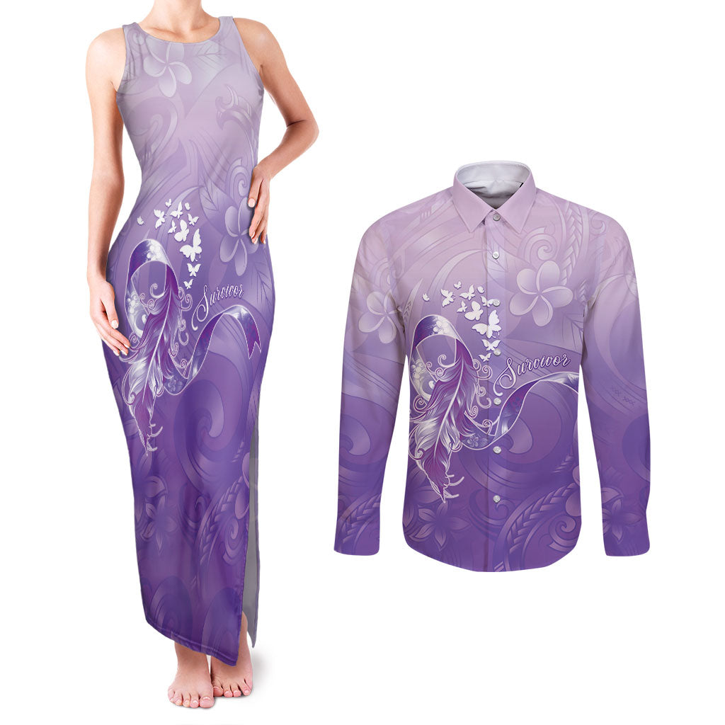 Lupus Awareness Month Couples Matching Tank Maxi Dress and Long Sleeve Button Shirt Polynesian Style LT05 Lilac - Polynesian Pride