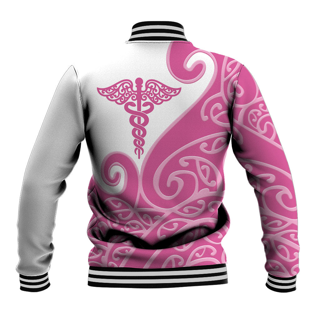 Personalised New Zealand Nurse Baseball Jacket Maori Koru Pink Version