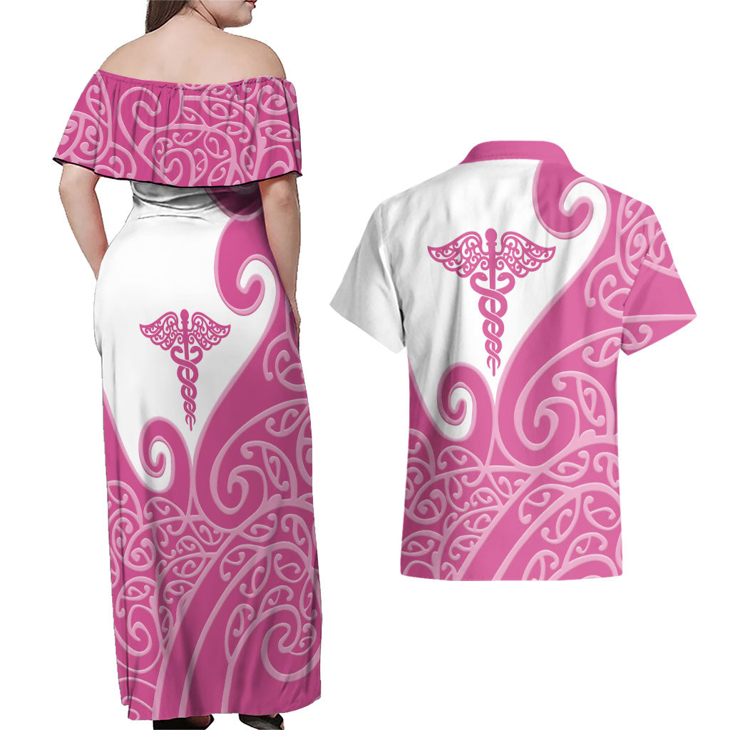 Personalised New Zealand Nurse Couples Matching Off Shoulder Maxi Dress and Hawaiian Shirt Maori Koru Pink Version
