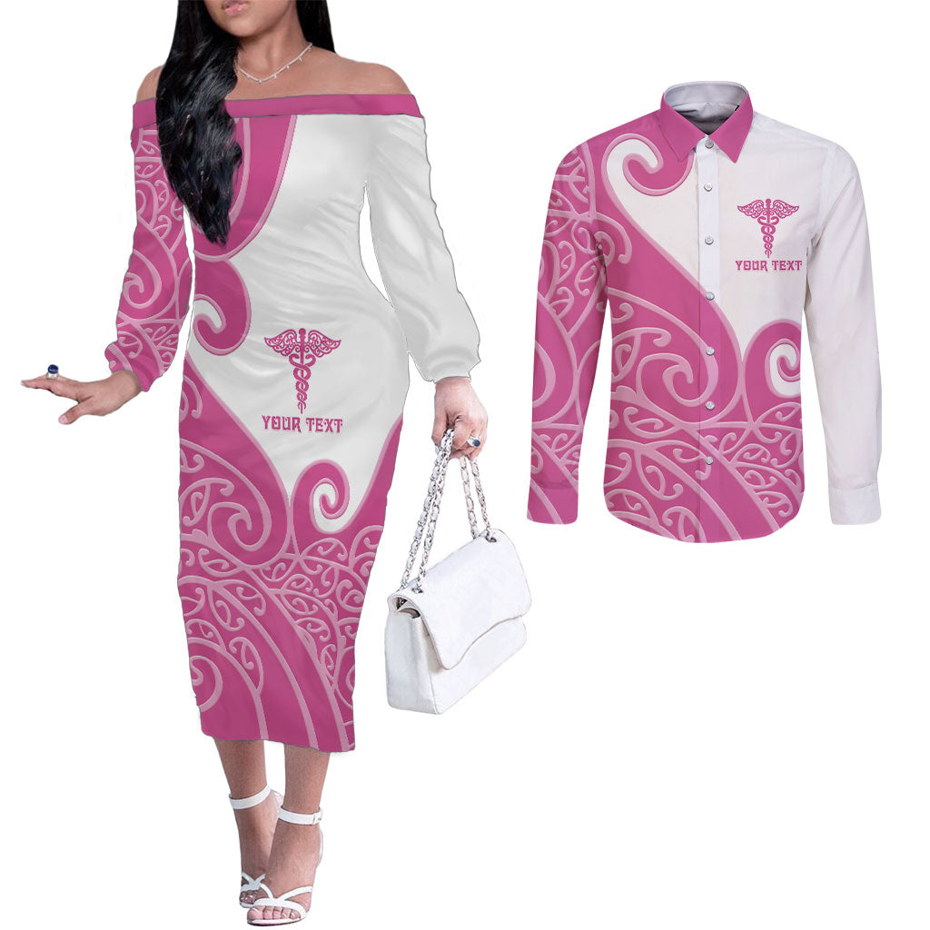 Personalised New Zealand Nurse Couples Matching Off The Shoulder Long Sleeve Dress and Long Sleeve Button Shirt Maori Koru Pink Version