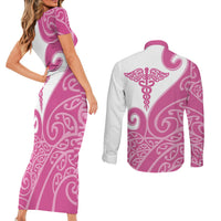Personalised New Zealand Nurse Couples Matching Short Sleeve Bodycon Dress and Long Sleeve Button Shirt Maori Koru Pink Version