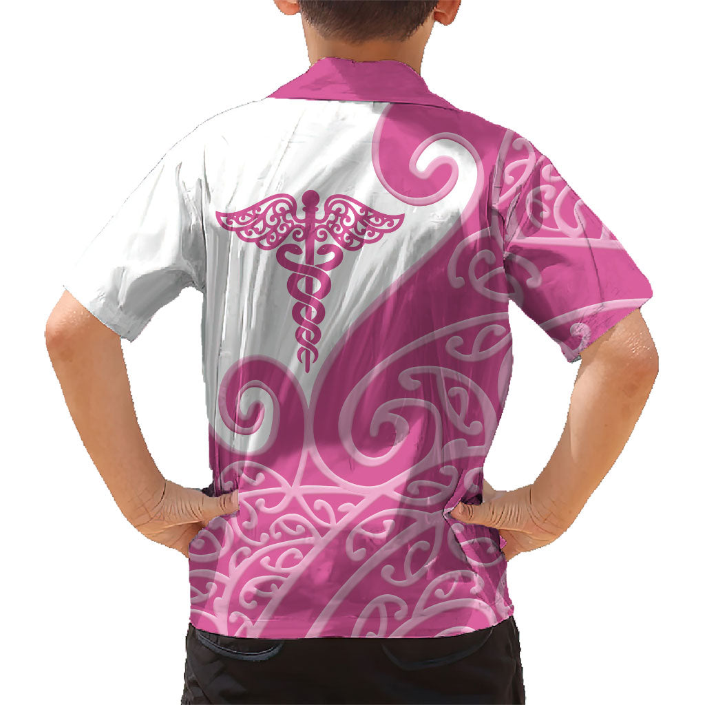 Personalised New Zealand Nurse Family Matching Off The Shoulder Long Sleeve Dress and Hawaiian Shirt Maori Koru Pink Version