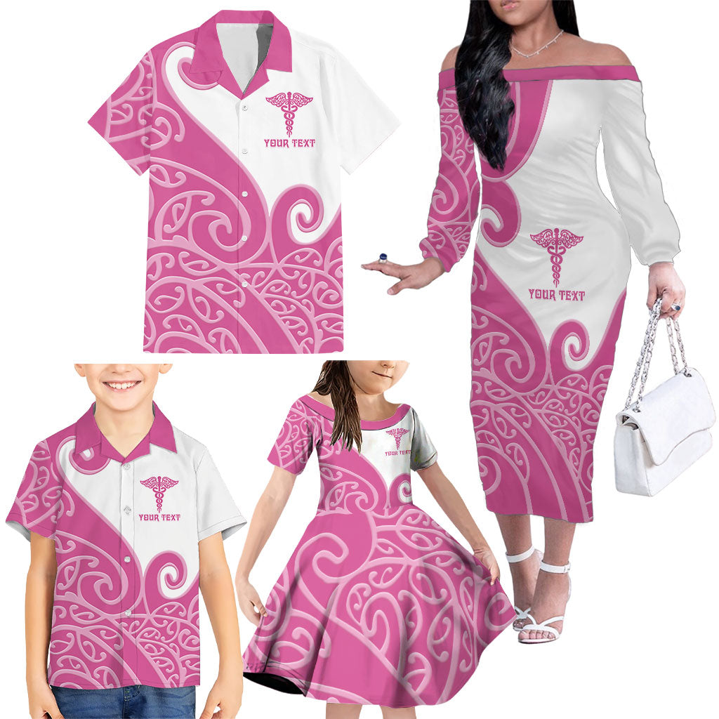 Personalised New Zealand Nurse Family Matching Off The Shoulder Long Sleeve Dress and Hawaiian Shirt Maori Koru Pink Version
