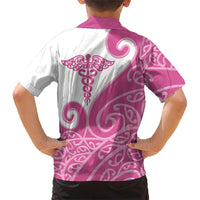Personalised New Zealand Nurse Family Matching Short Sleeve Bodycon Dress and Hawaiian Shirt Maori Koru Pink Version