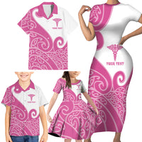 Personalised New Zealand Nurse Family Matching Short Sleeve Bodycon Dress and Hawaiian Shirt Maori Koru Pink Version