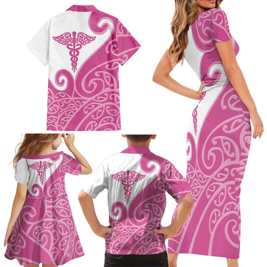 Personalised New Zealand Nurse Family Matching Short Sleeve Bodycon Dress and Hawaiian Shirt Maori Koru Pink Version