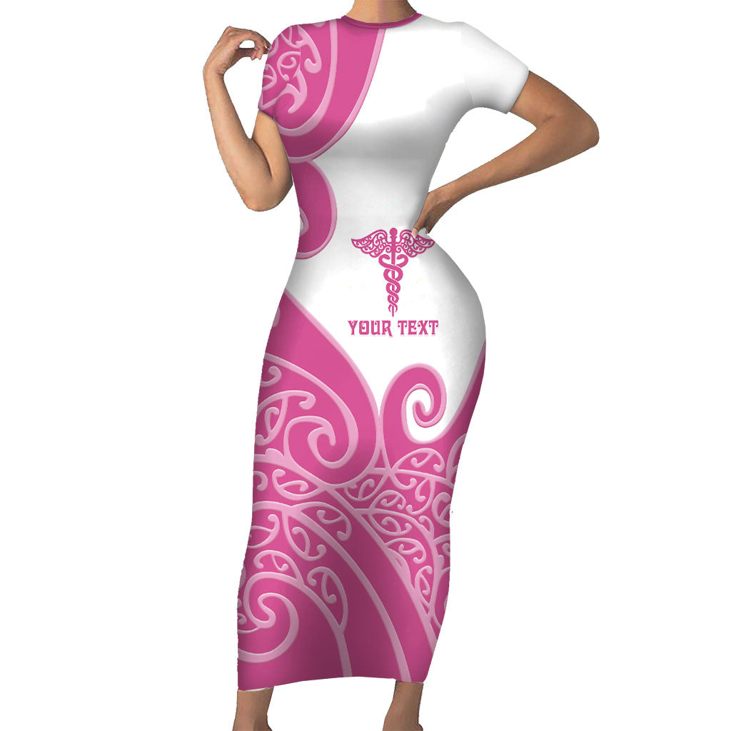 Personalised New Zealand Nurse Family Matching Short Sleeve Bodycon Dress and Hawaiian Shirt Maori Koru Pink Version