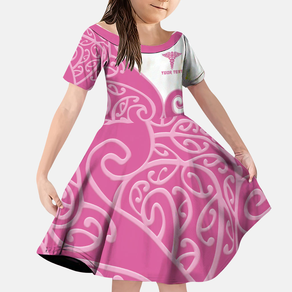Personalised New Zealand Nurse Family Matching Tank Maxi Dress and Hawaiian Shirt Maori Koru Pink Version