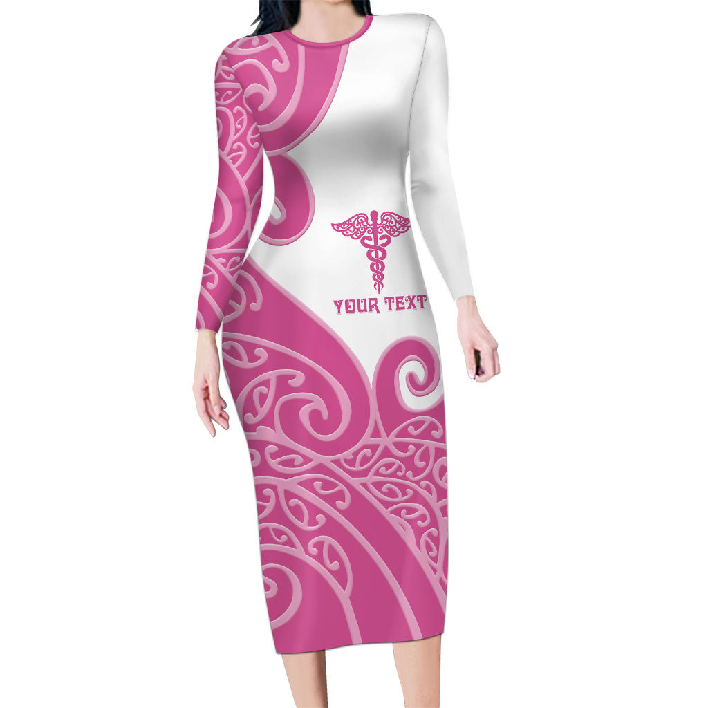 Personalised New Zealand Nurse Long Sleeve Bodycon Dress Maori Koru Pink Version LT05 Long Dress Pink - Polynesian Pride