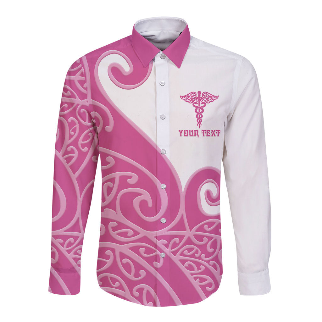 Personalised New Zealand Nurse Long Sleeve Button Shirt Maori Koru Pink Version