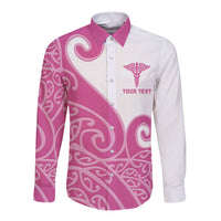 Personalised New Zealand Nurse Long Sleeve Button Shirt Maori Koru Pink Version