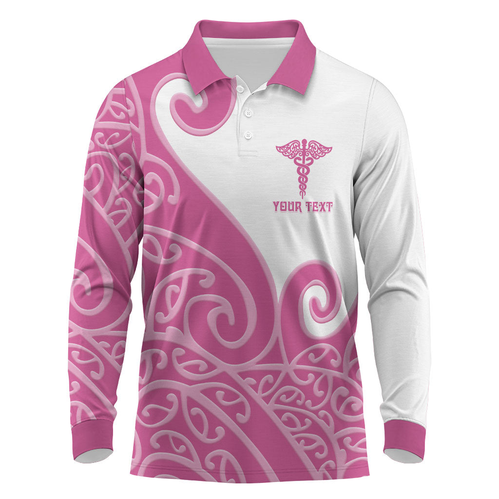 Personalised New Zealand Nurse Long Sleeve Polo Shirt Maori Koru Pink Version