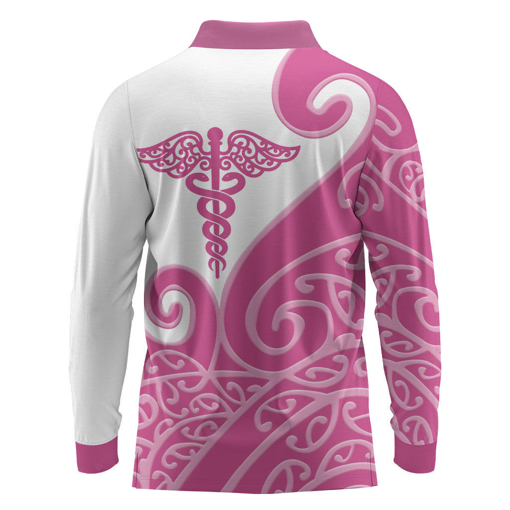 Personalised New Zealand Nurse Long Sleeve Polo Shirt Maori Koru Pink Version LT05 - Polynesian Pride