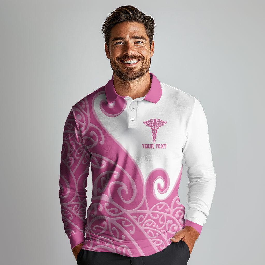 Personalised New Zealand Nurse Long Sleeve Polo Shirt Maori Koru Pink Version LT05 - Polynesian Pride