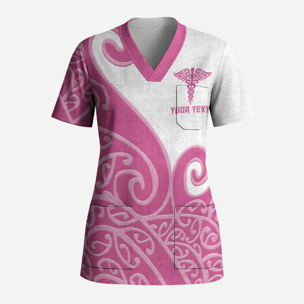 Personalised New Zealand Nurse Scrub Top Maori Koru Pink Version