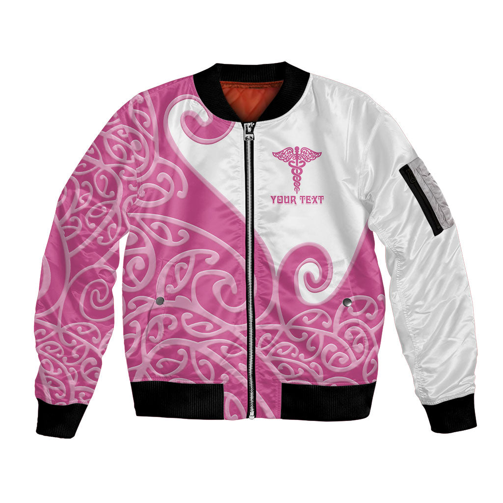 Personalised New Zealand Nurse Sleeve Zip Bomber Jacket Maori Koru Pink Version LT05 Unisex Pink - Polynesian Pride